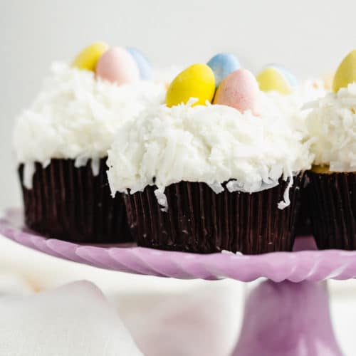 coconut lemon cupcakes on cake stand