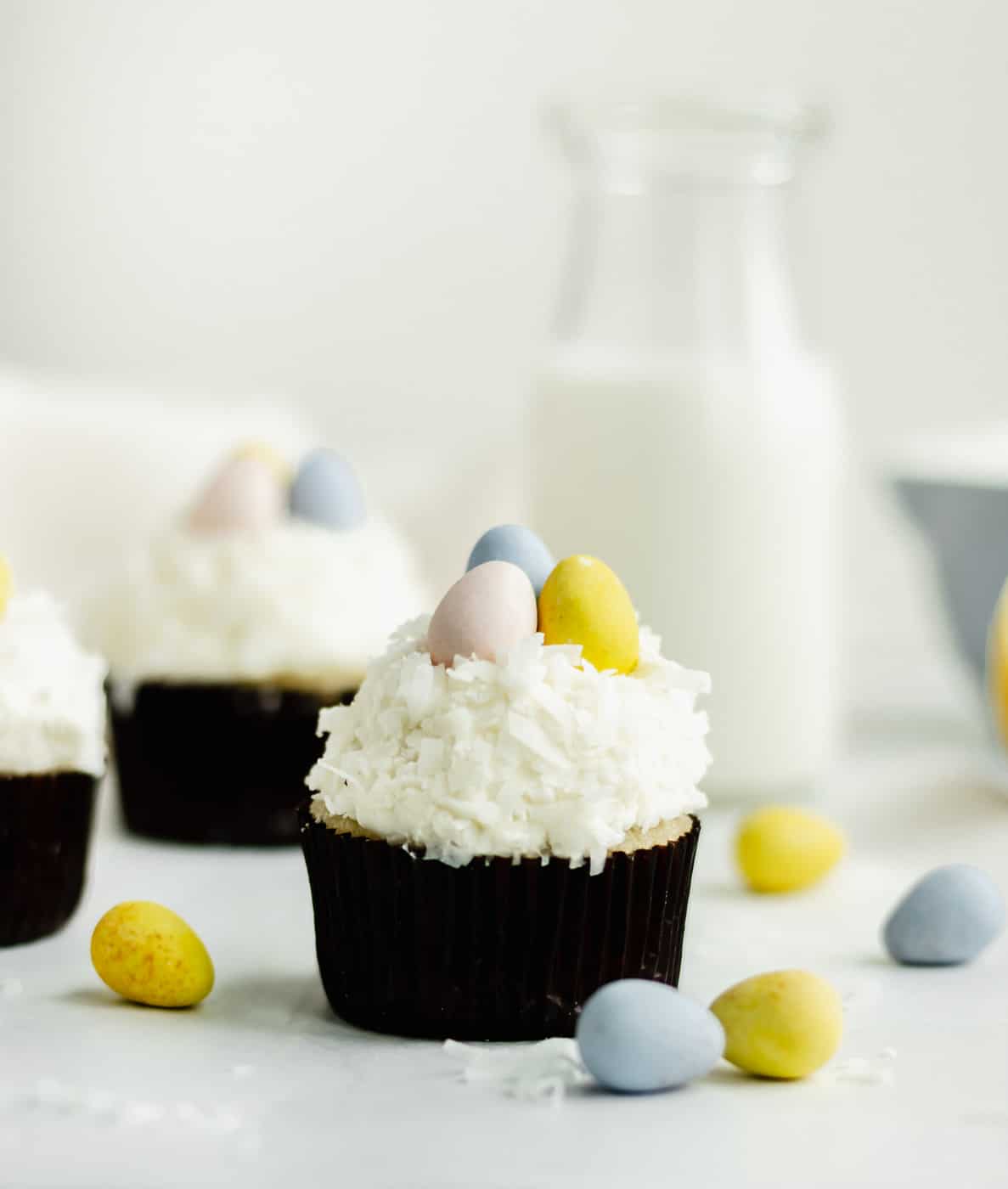 coconut lemon cupcakes with candy eggs