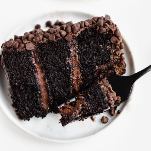 triple chocolate cake slice with fork