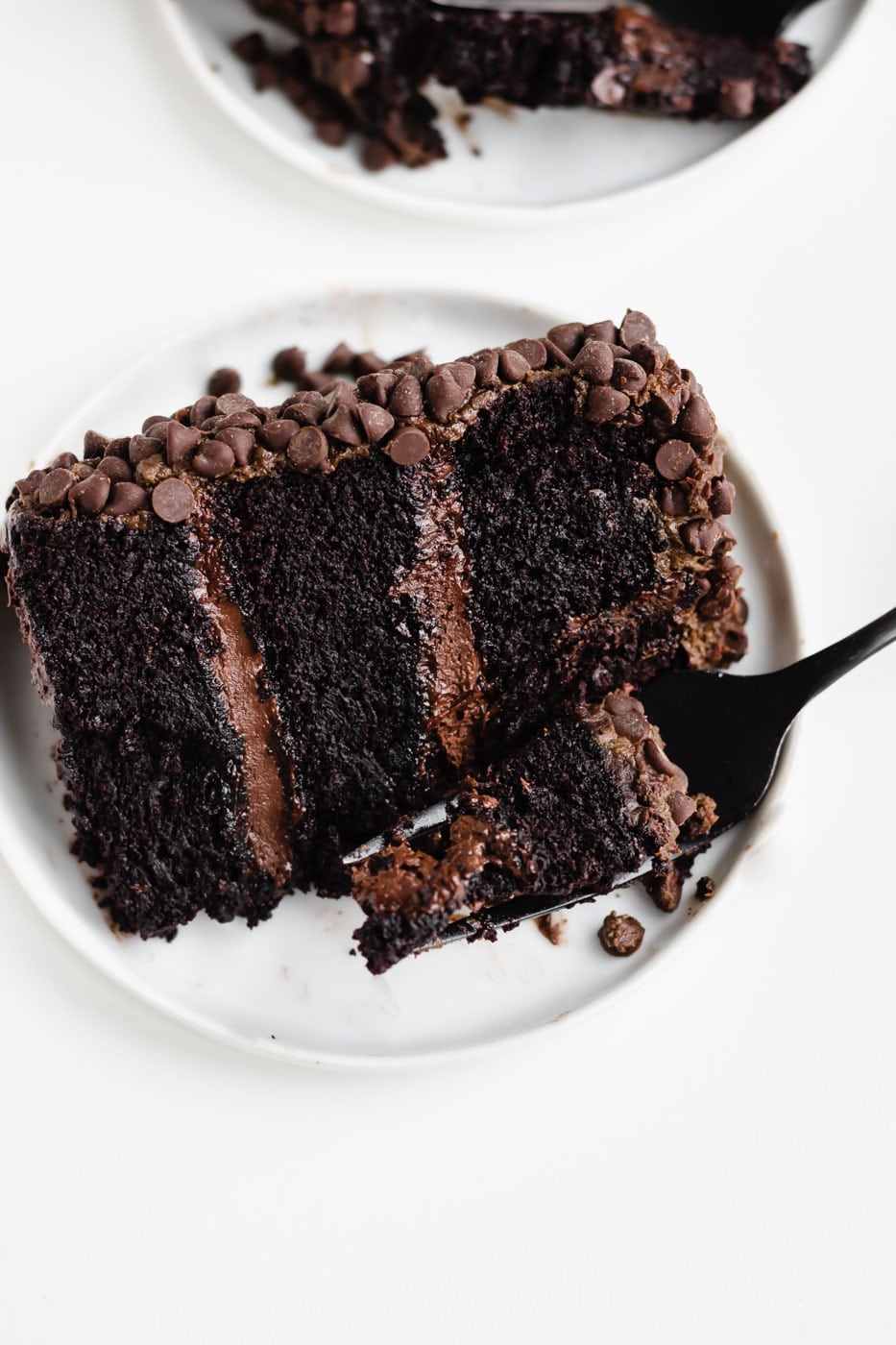 triple chocolate cake slice with fork